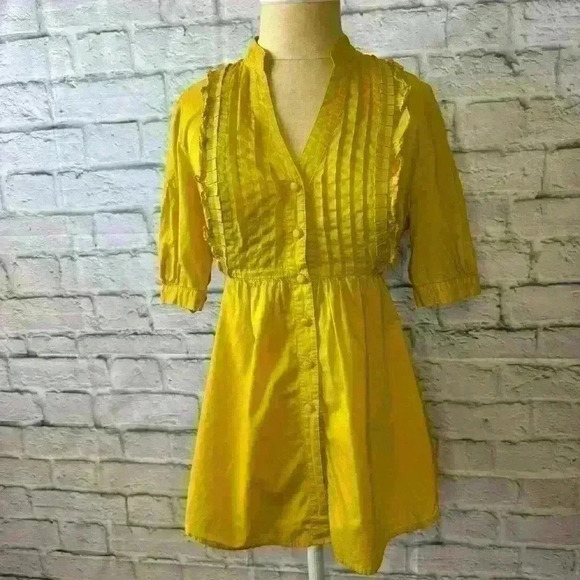Elle Tops - Elle Women’s Small Yellow Tunic Top with Pleat and Ruffle Detail 100% Cotton